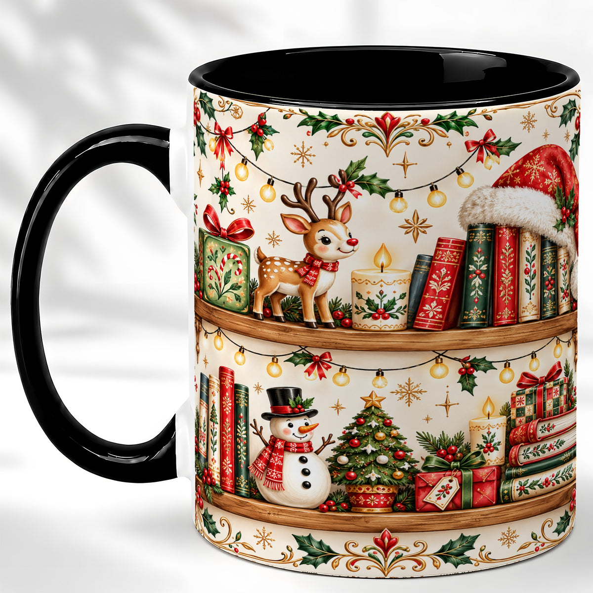 #pl[11oz|Black] Christmas Books Coffee Mug, Winter Bookshelf Mug, Ceramic Cup
