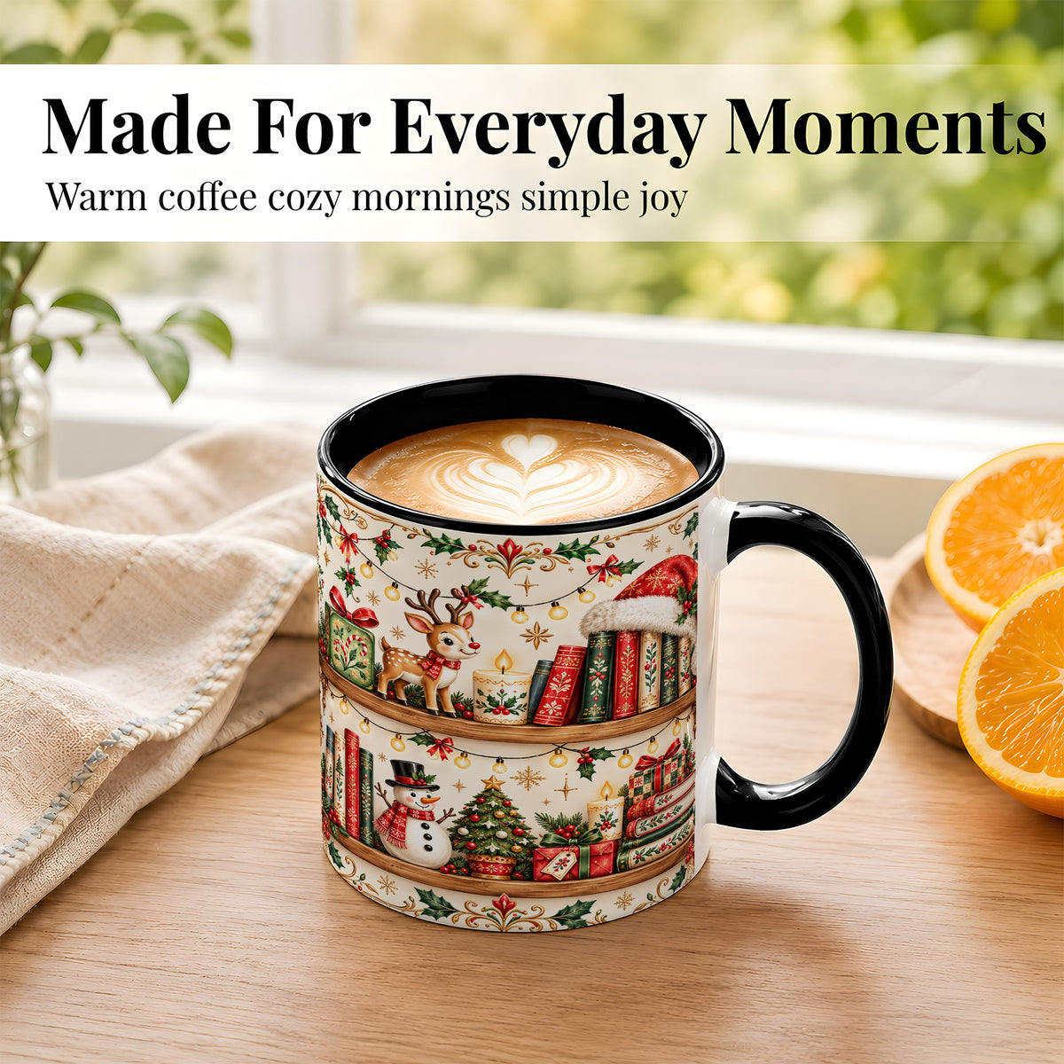 #pl[11oz|Black] Christmas Books Coffee Mug, Winter Bookshelf Mug, Ceramic Cup