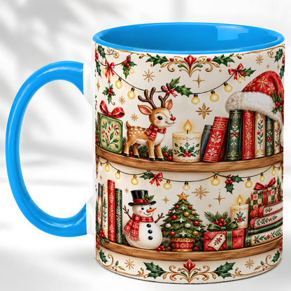 #pl[11oz|Blue] Christmas Books Coffee Mug, Winter Bookshelf Mug, Ceramic Cup