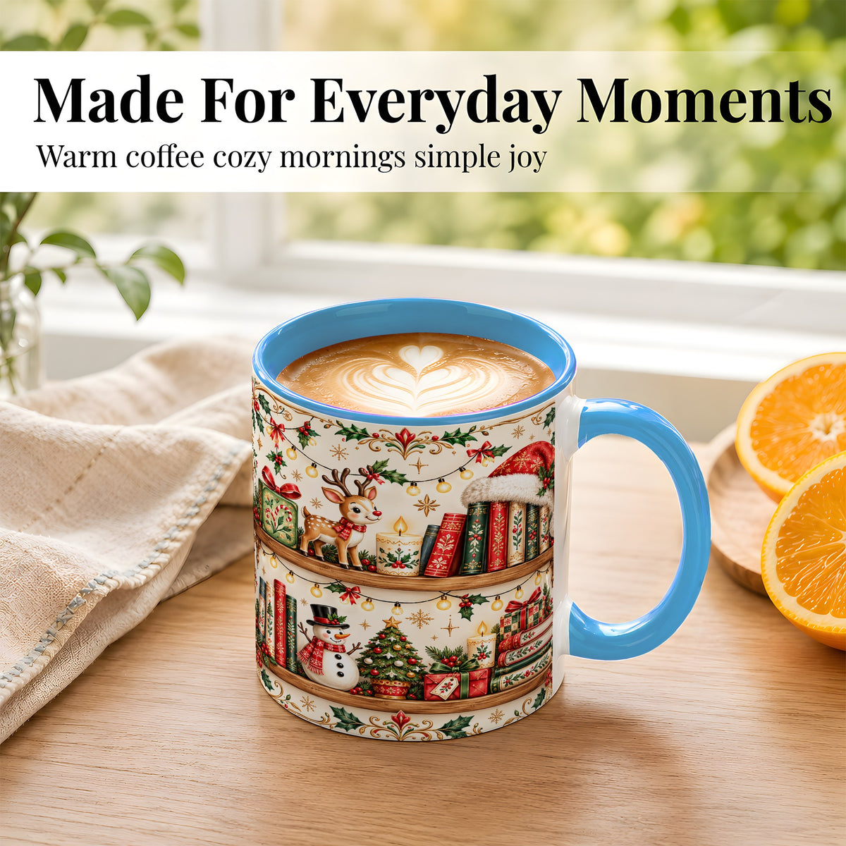 #pl[11oz|Blue] Christmas Books Coffee Mug, Winter Bookshelf Mug, Ceramic Cup