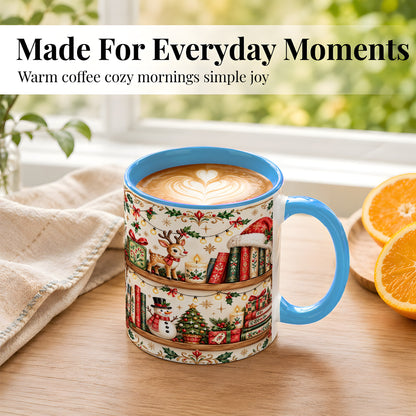 #pl[11oz|Blue] Christmas Books Coffee Mug, Winter Bookshelf Mug, Ceramic Cup