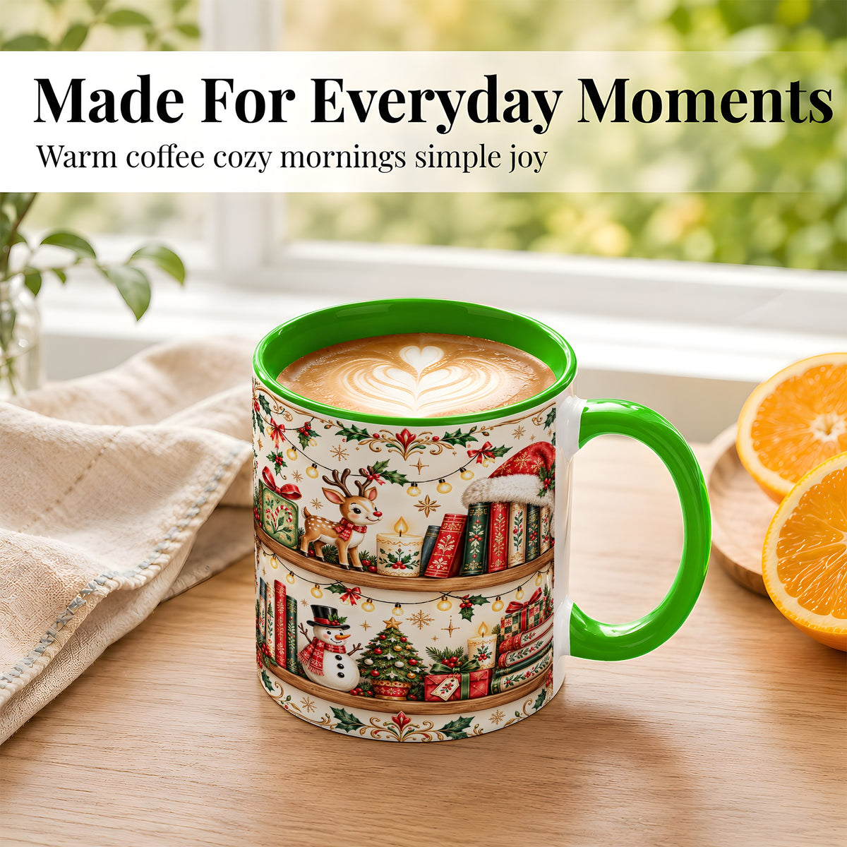 #pl[11oz|Green] Christmas Books Coffee Mug, Winter Bookshelf Mug, Ceramic Cup