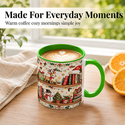 #pl[11oz|Green] Christmas Books Coffee Mug, Winter Bookshelf Mug, Ceramic Cup
