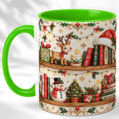 #pl[11oz|Green] Christmas Books Coffee Mug, Winter Bookshelf Mug, Ceramic Cup