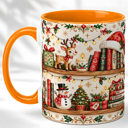 #pl[11oz|Orange] Christmas Books Coffee Mug, Winter Bookshelf Mug, Ceramic Cup