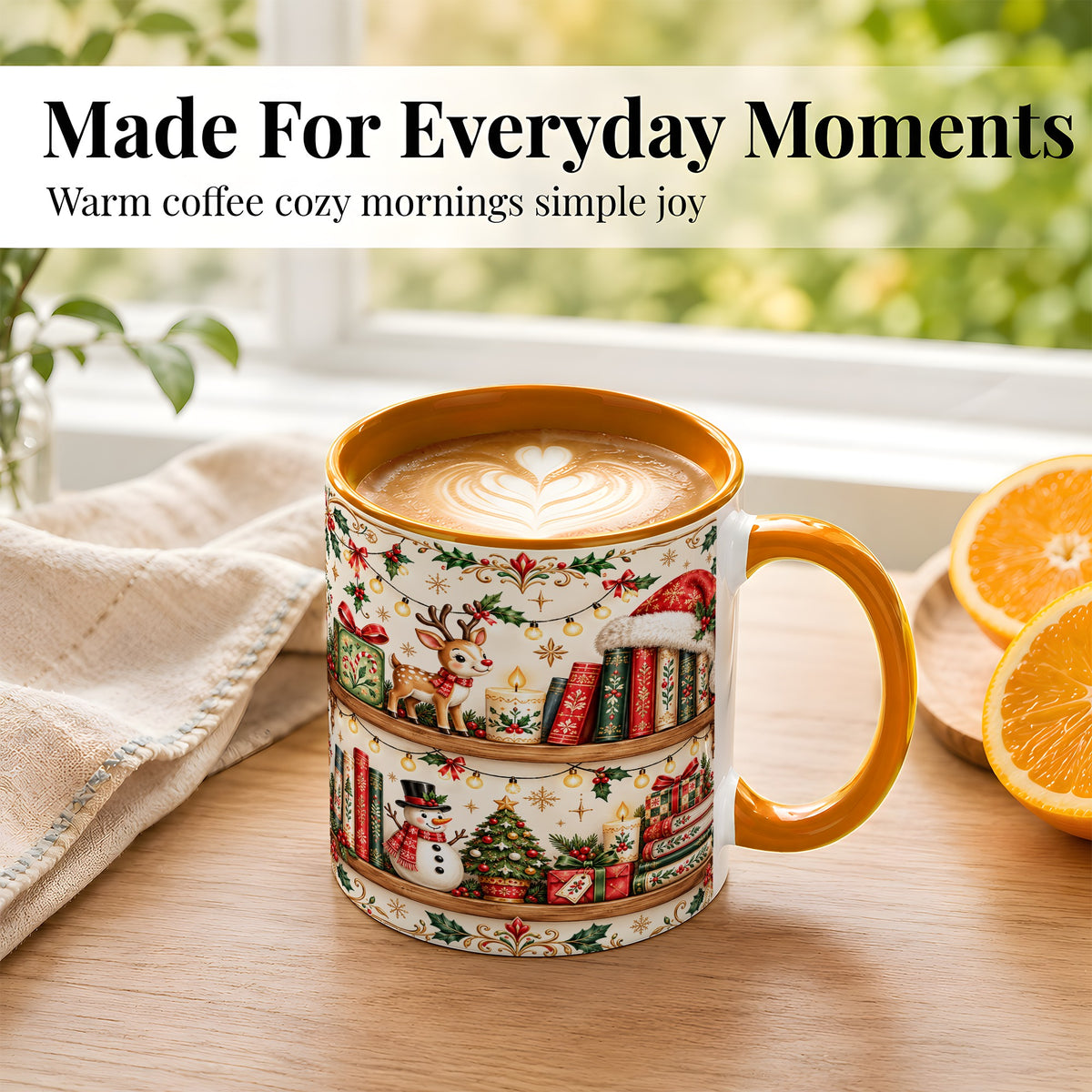 #pl[11oz|Orange] Christmas Books Coffee Mug, Winter Bookshelf Mug, Ceramic Cup