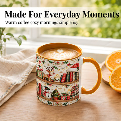 #pl[11oz|Orange] Christmas Books Coffee Mug, Winter Bookshelf Mug, Ceramic Cup