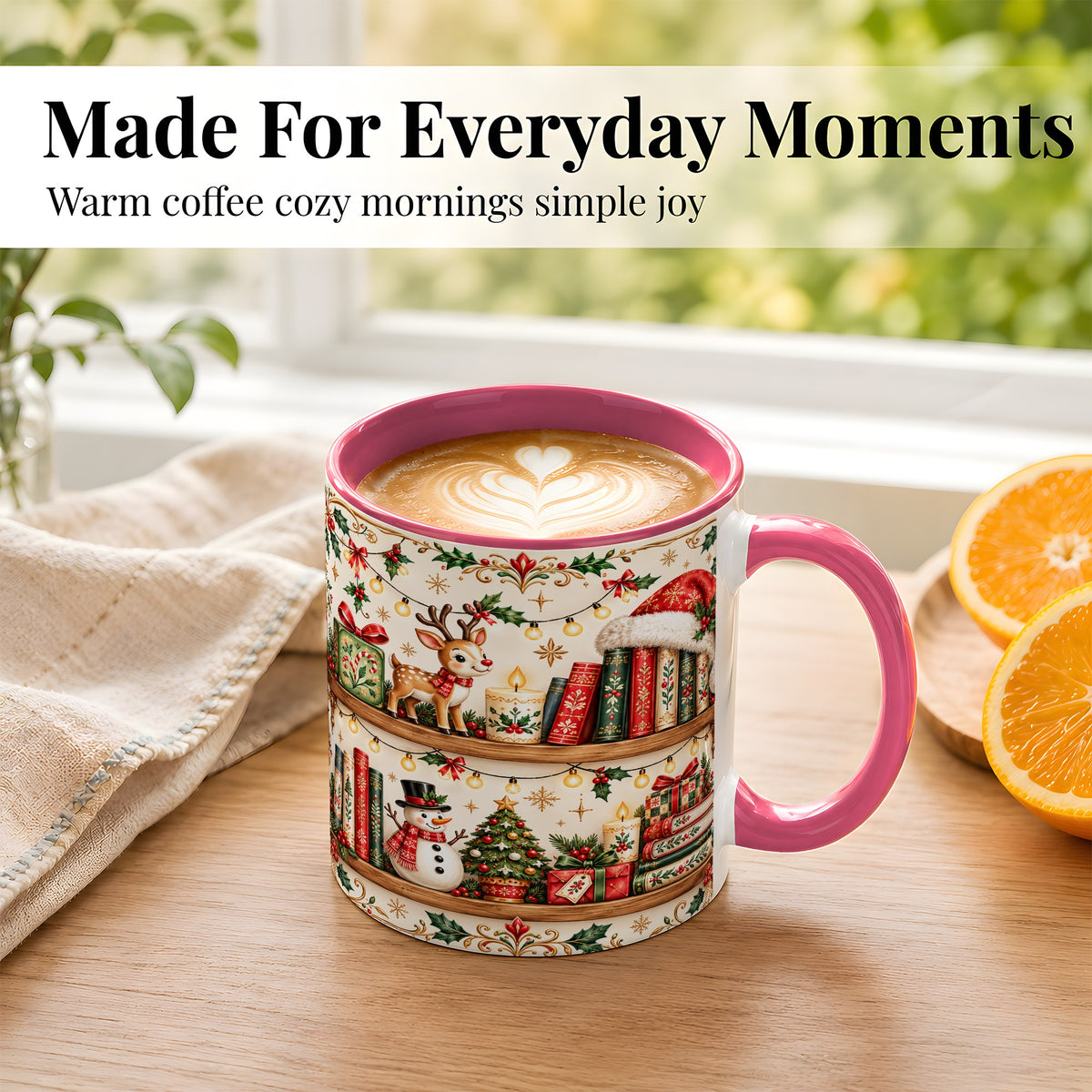 #pl[11oz|Pink] Christmas Books Coffee Mug, Winter Bookshelf Mug, Ceramic Cup