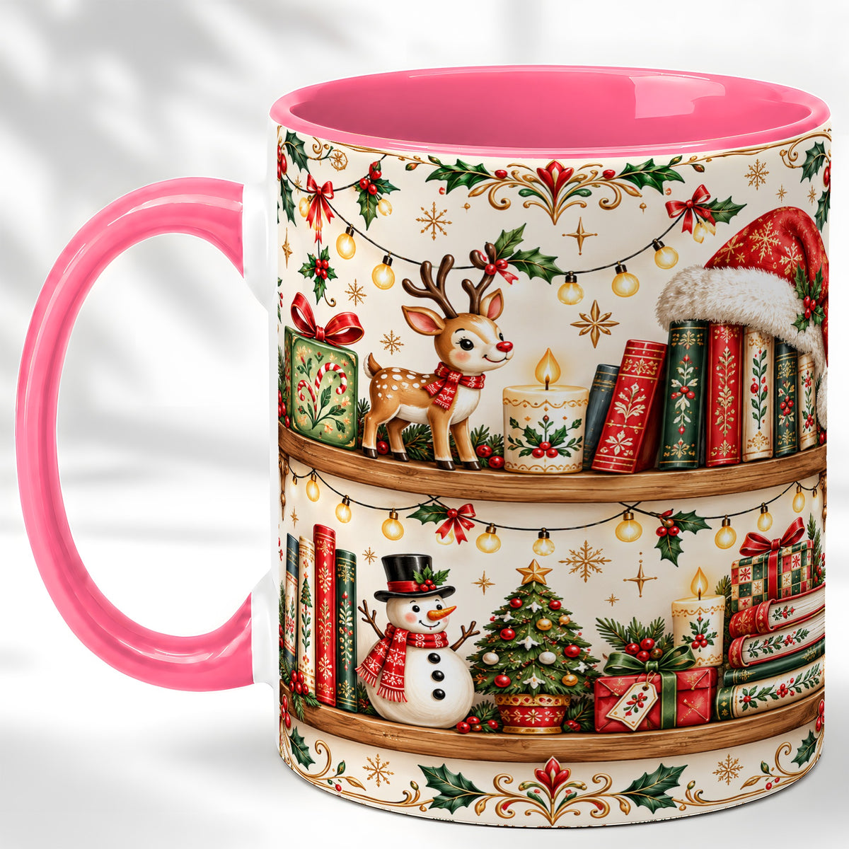 #pl[11oz|Pink] Christmas Books Coffee Mug, Winter Bookshelf Mug, Ceramic Cup
