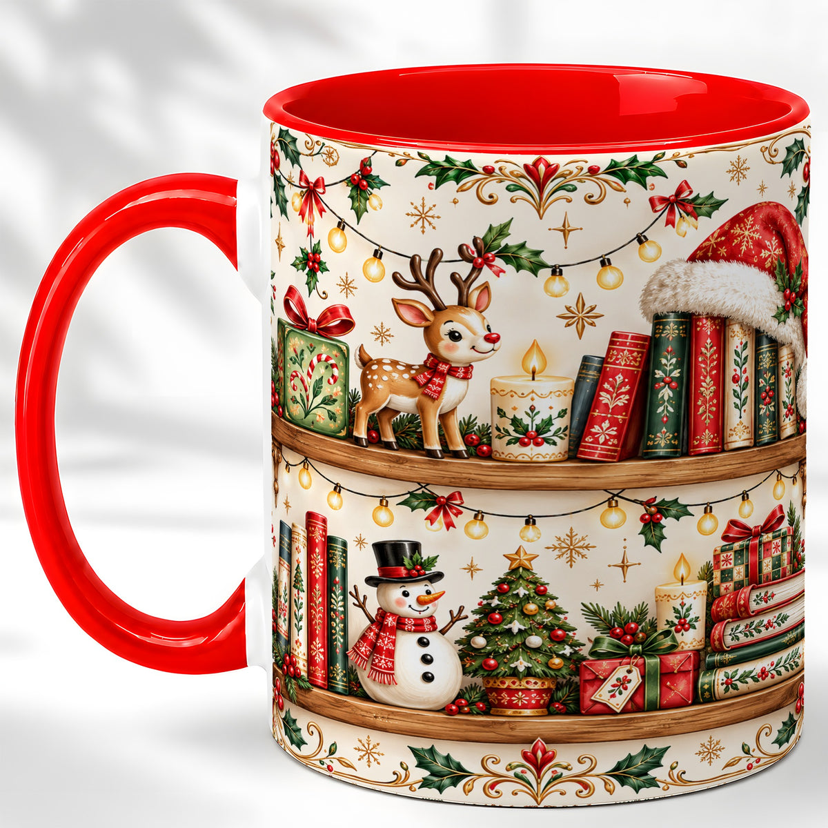 Christmas Books Coffee Mug, Winter Bookshelf Mug, Ceramic Cup