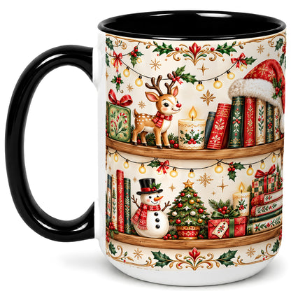 #pl[15oz|Black] Christmas Books Coffee Mug, Winter Bookshelf Mug, Ceramic Cup