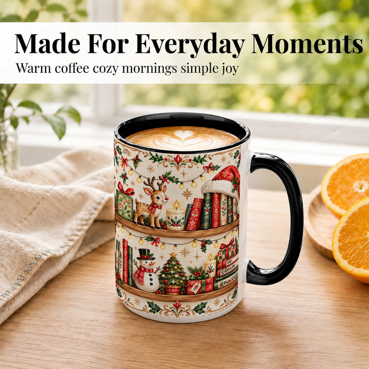 #pl[15oz|Black] Christmas Books Coffee Mug, Winter Bookshelf Mug, Ceramic Cup