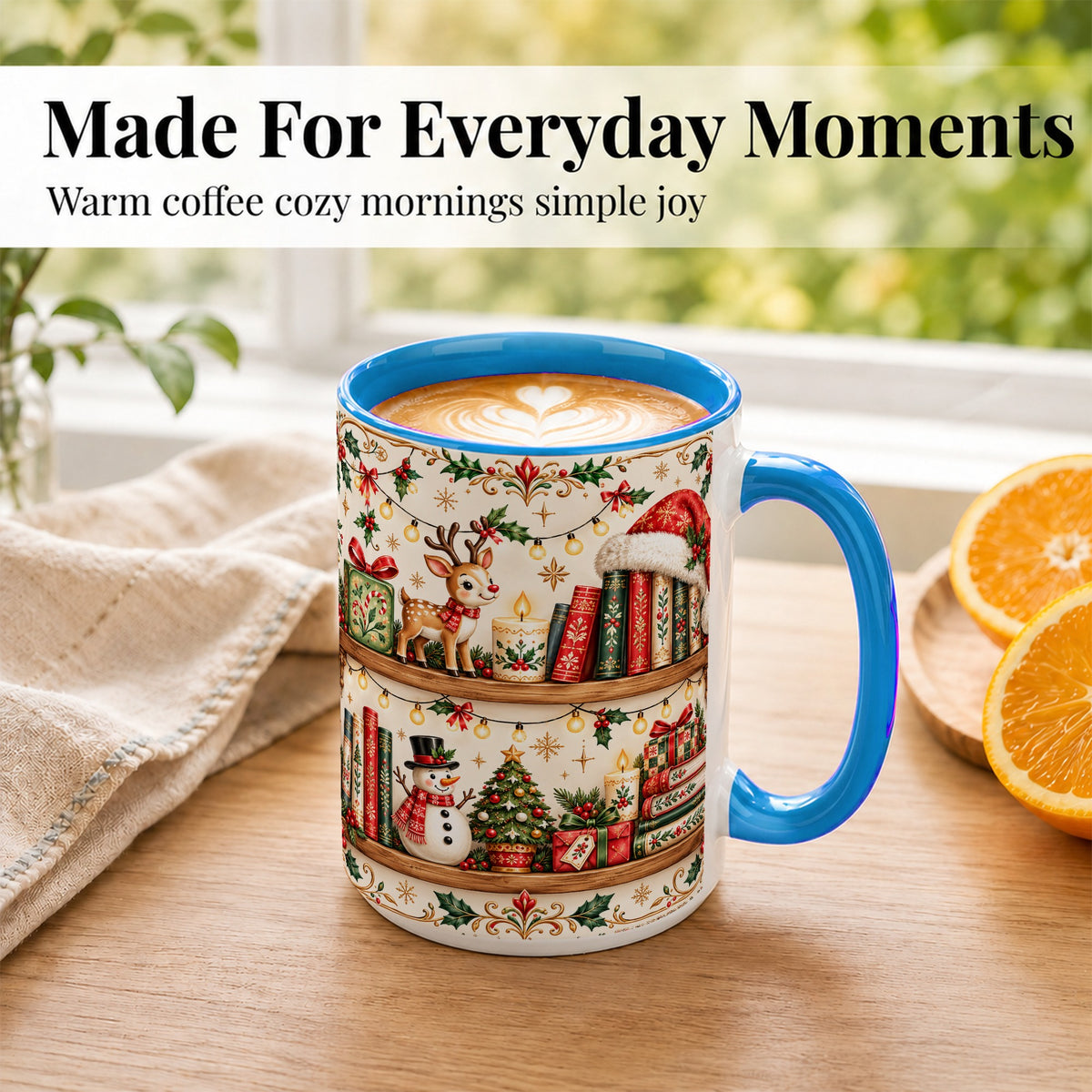 #pl[15oz|Blue] Christmas Books Coffee Mug, Winter Bookshelf Mug, Ceramic Cup