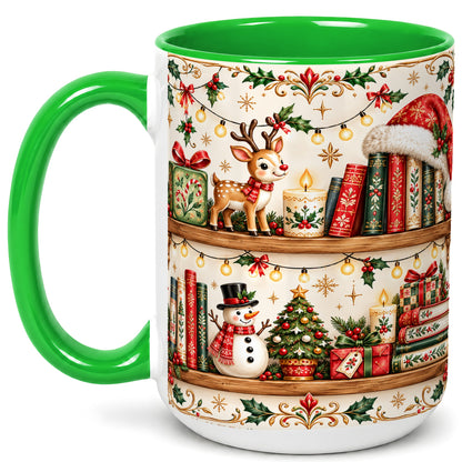 #pl[15oz|Green] Christmas Books Coffee Mug, Winter Bookshelf Mug, Ceramic Cup