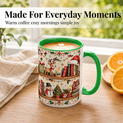 #pl[15oz|Green] Christmas Books Coffee Mug, Winter Bookshelf Mug, Ceramic Cup
