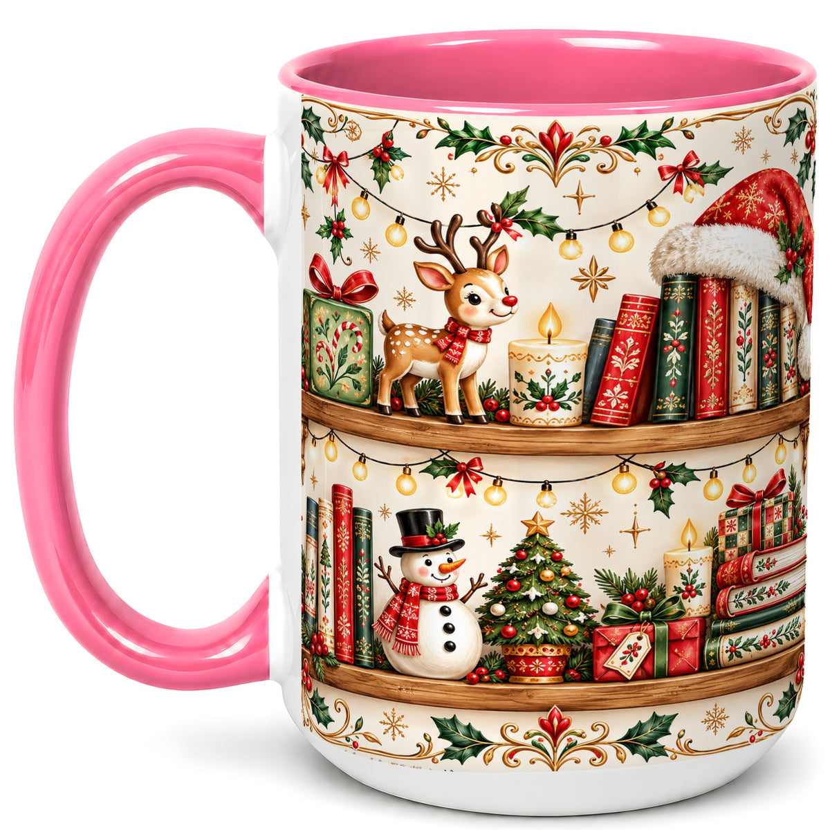 #pl[15oz|Pink] Christmas Books Coffee Mug, Winter Bookshelf Mug, Ceramic Cup