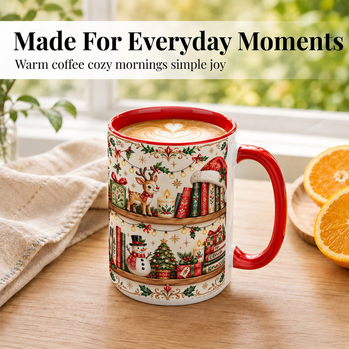 #pl[15oz|Red] Christmas Books Coffee Mug, Winter Bookshelf Mug, Ceramic Cup