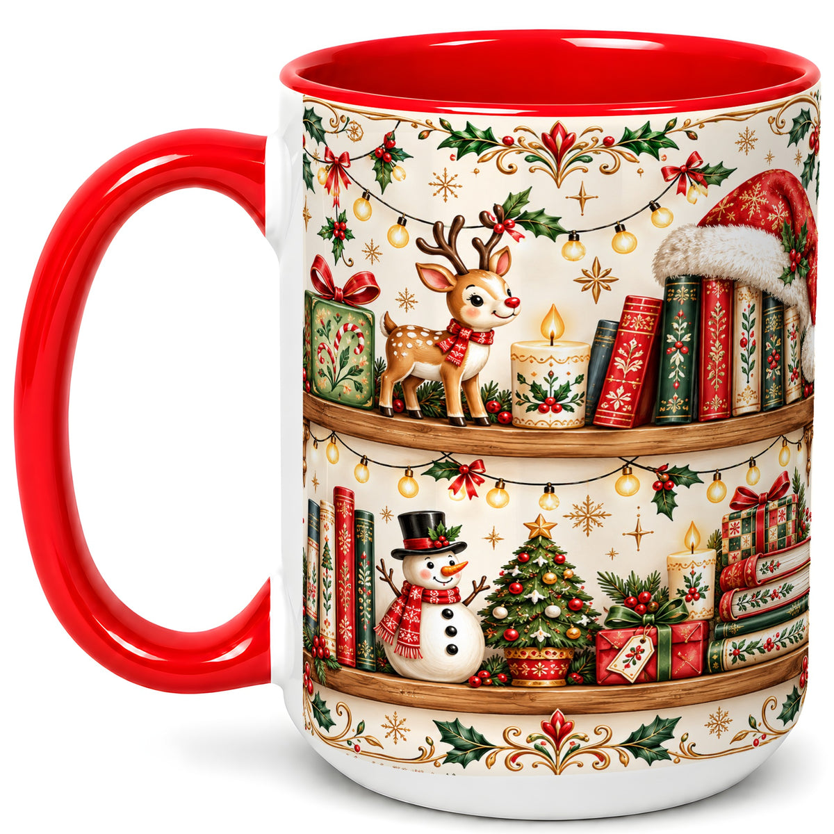 #pl[15oz|Red] Christmas Books Coffee Mug, Winter Bookshelf Mug, Ceramic Cup