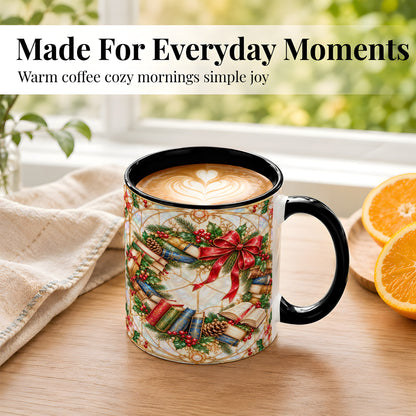 #pl[11oz|Black] Christmas Book Wreath Coffee Mug, Holiday Reader Mug, Ceramic Cup