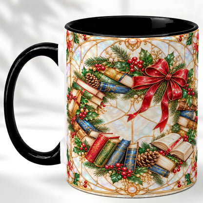 #pl[11oz|Black] Christmas Book Wreath Coffee Mug, Holiday Reader Mug, Ceramic Cup