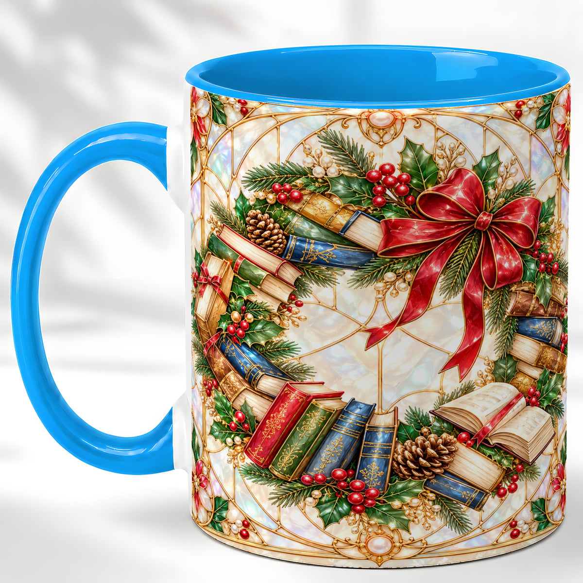 #pl[11oz|Blue] Christmas Book Wreath Coffee Mug, Holiday Reader Mug, Ceramic Cup