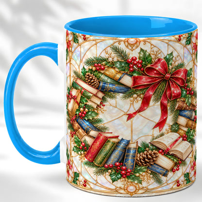 #pl[11oz|Blue] Christmas Book Wreath Coffee Mug, Holiday Reader Mug, Ceramic Cup
