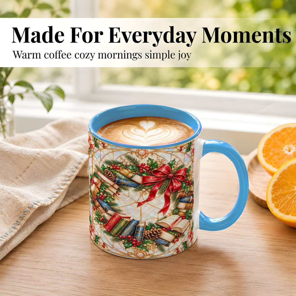#pl[11oz|Blue] Christmas Book Wreath Coffee Mug, Holiday Reader Mug, Ceramic Cup