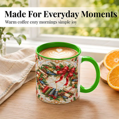 #pl[11oz|Green] Christmas Book Wreath Coffee Mug, Holiday Reader Mug, Ceramic Cup