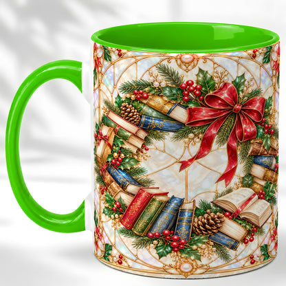 #pl[11oz|Green] Christmas Book Wreath Coffee Mug, Holiday Reader Mug, Ceramic Cup