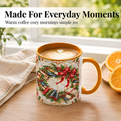 #pl[11oz|Orange] Christmas Book Wreath Coffee Mug, Holiday Reader Mug, Ceramic Cup