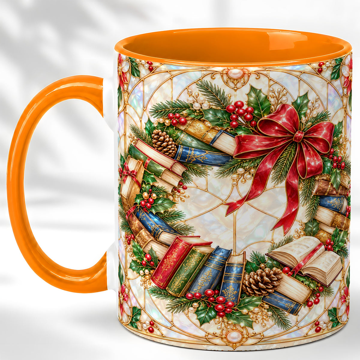 #pl[11oz|Orange] Christmas Book Wreath Coffee Mug, Holiday Reader Mug, Ceramic Cup