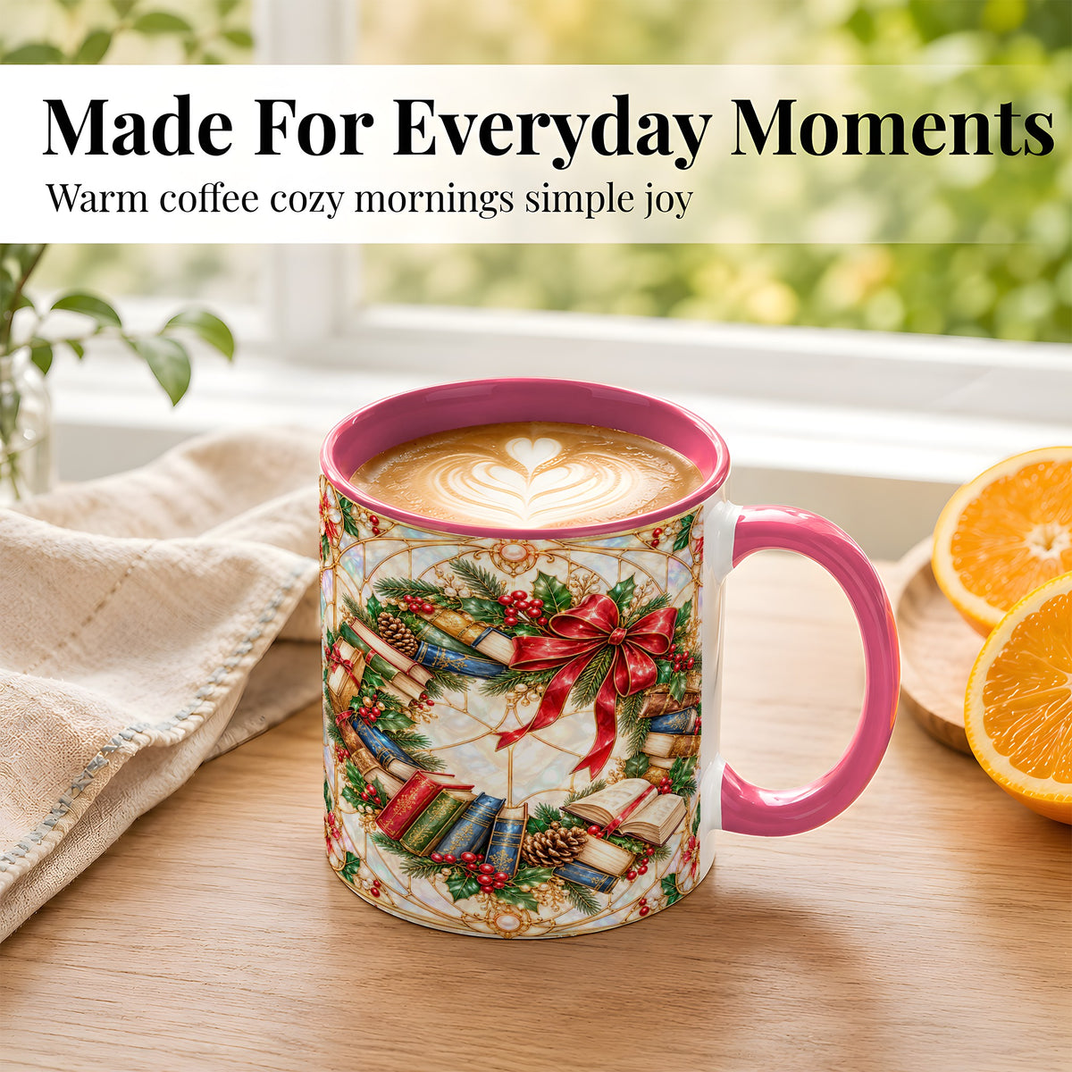 #pl[11oz|Pink] Christmas Book Wreath Coffee Mug, Holiday Reader Mug, Ceramic Cup