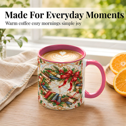 #pl[11oz|Pink] Christmas Book Wreath Coffee Mug, Holiday Reader Mug, Ceramic Cup