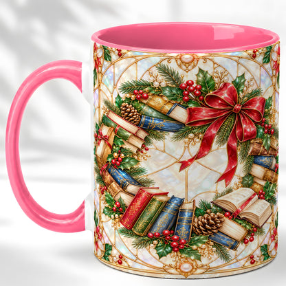 #pl[11oz|Pink] Christmas Book Wreath Coffee Mug, Holiday Reader Mug, Ceramic Cup