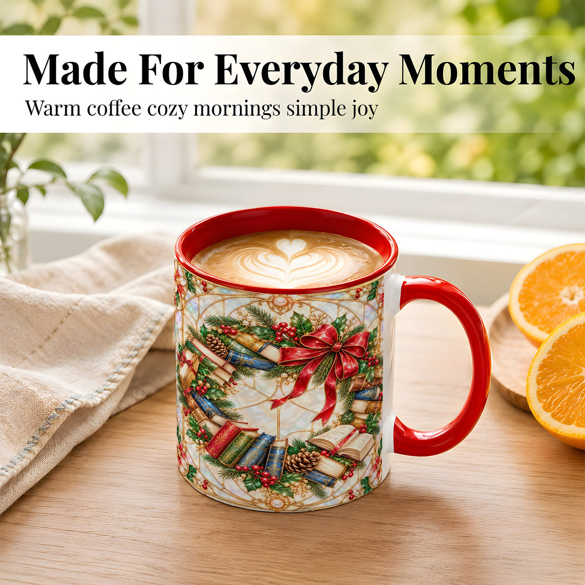 #pl[11oz|Red] Christmas Book Wreath Coffee Mug, Holiday Reader Mug, Ceramic Cup