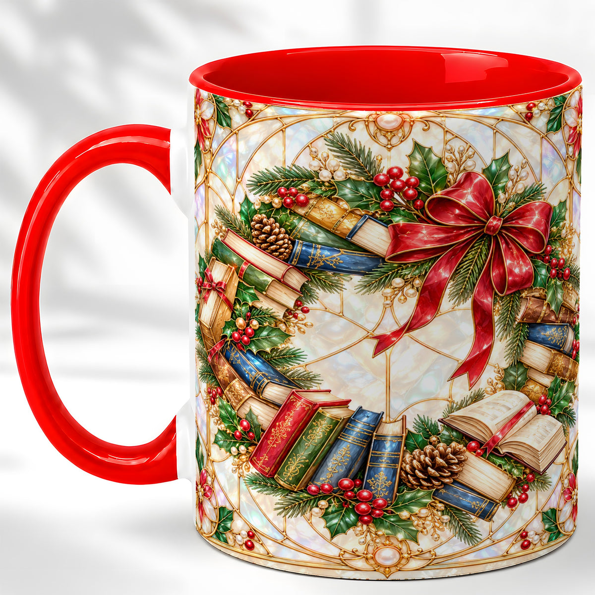 Christmas Book Wreath Coffee Mug, Holiday Reader Mug, Ceramic Cup