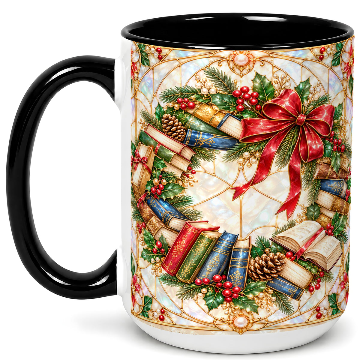 #pl[15oz|Black] Christmas Book Wreath Coffee Mug, Holiday Reader Mug, Ceramic Cup