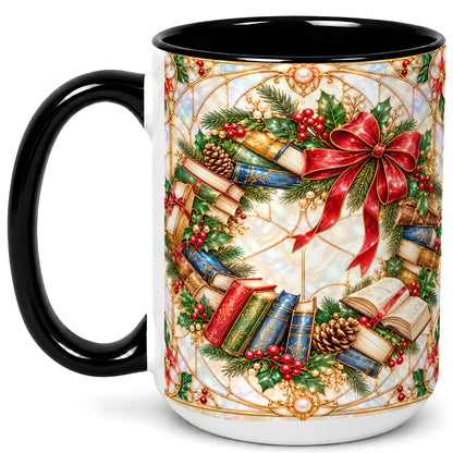 #pl[15oz|Black] Christmas Book Wreath Coffee Mug, Holiday Reader Mug, Ceramic Cup