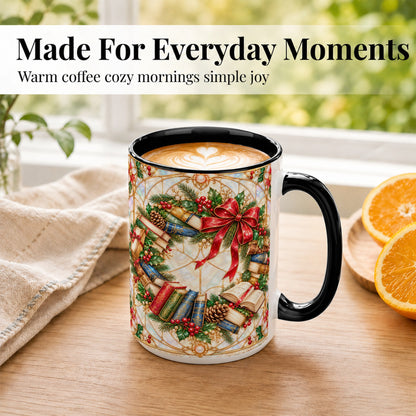 #pl[15oz|Black] Christmas Book Wreath Coffee Mug, Holiday Reader Mug, Ceramic Cup