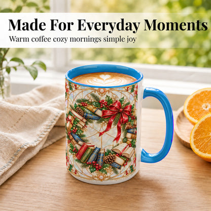 #pl[15oz|Blue] Christmas Book Wreath Coffee Mug, Holiday Reader Mug, Ceramic Cup