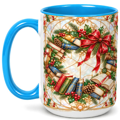 #pl[15oz|Blue] Christmas Book Wreath Coffee Mug, Holiday Reader Mug, Ceramic Cup