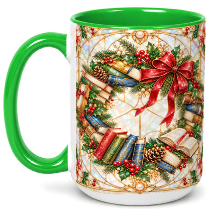 #pl[15oz|Green] Christmas Book Wreath Coffee Mug, Holiday Reader Mug, Ceramic Cup
