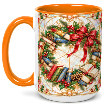 #pl[15oz|Orange] Christmas Book Wreath Coffee Mug, Holiday Reader Mug, Ceramic Cup