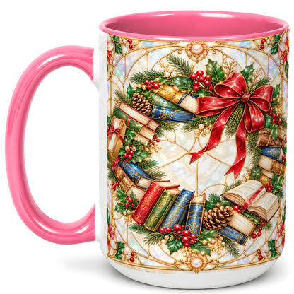 #pl[15oz|Pink] Christmas Book Wreath Coffee Mug, Holiday Reader Mug, Ceramic Cup