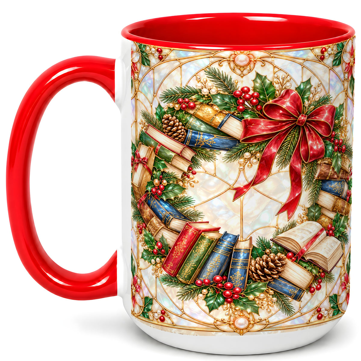 #pl[15oz|Red] Christmas Book Wreath Coffee Mug, Holiday Reader Mug, Ceramic Cup