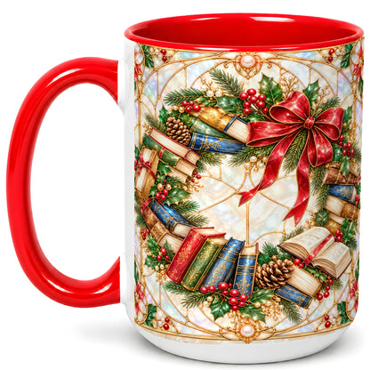 #pl[15oz|Red] Christmas Book Wreath Coffee Mug, Holiday Reader Mug, Ceramic Cup
