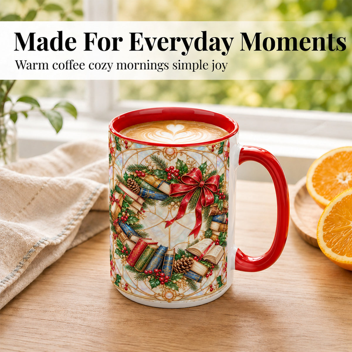 #pl[15oz|Red] Christmas Book Wreath Coffee Mug, Holiday Reader Mug, Ceramic Cup