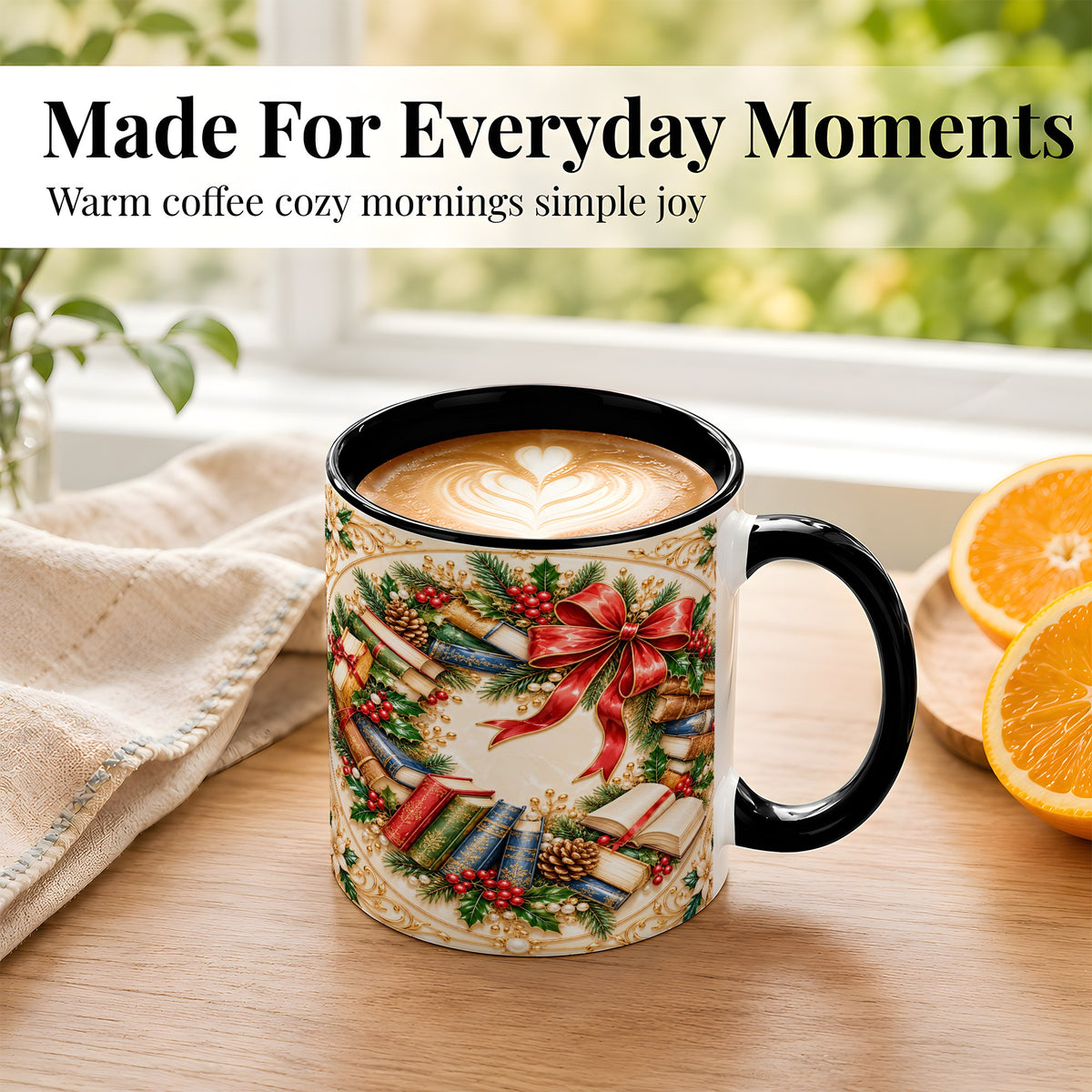 #pl[11oz|Black] Festive Book Wreath Coffee Mug, Holiday Reading Mug, Ceramic Cup