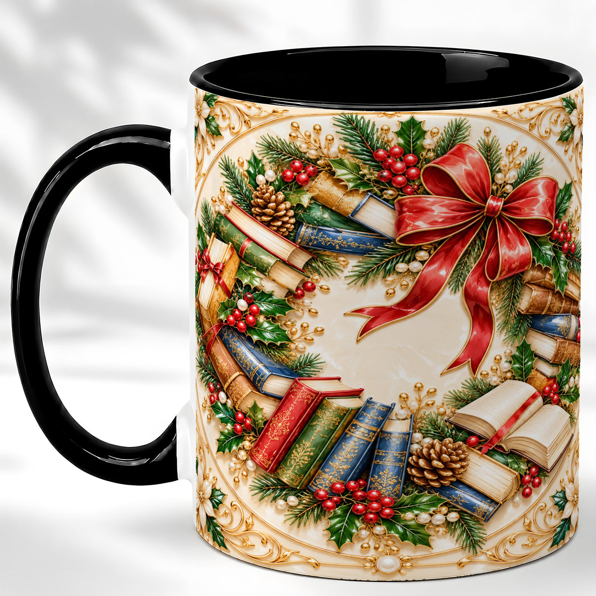 #pl[11oz|Black] Festive Book Wreath Coffee Mug, Holiday Reading Mug, Ceramic Cup