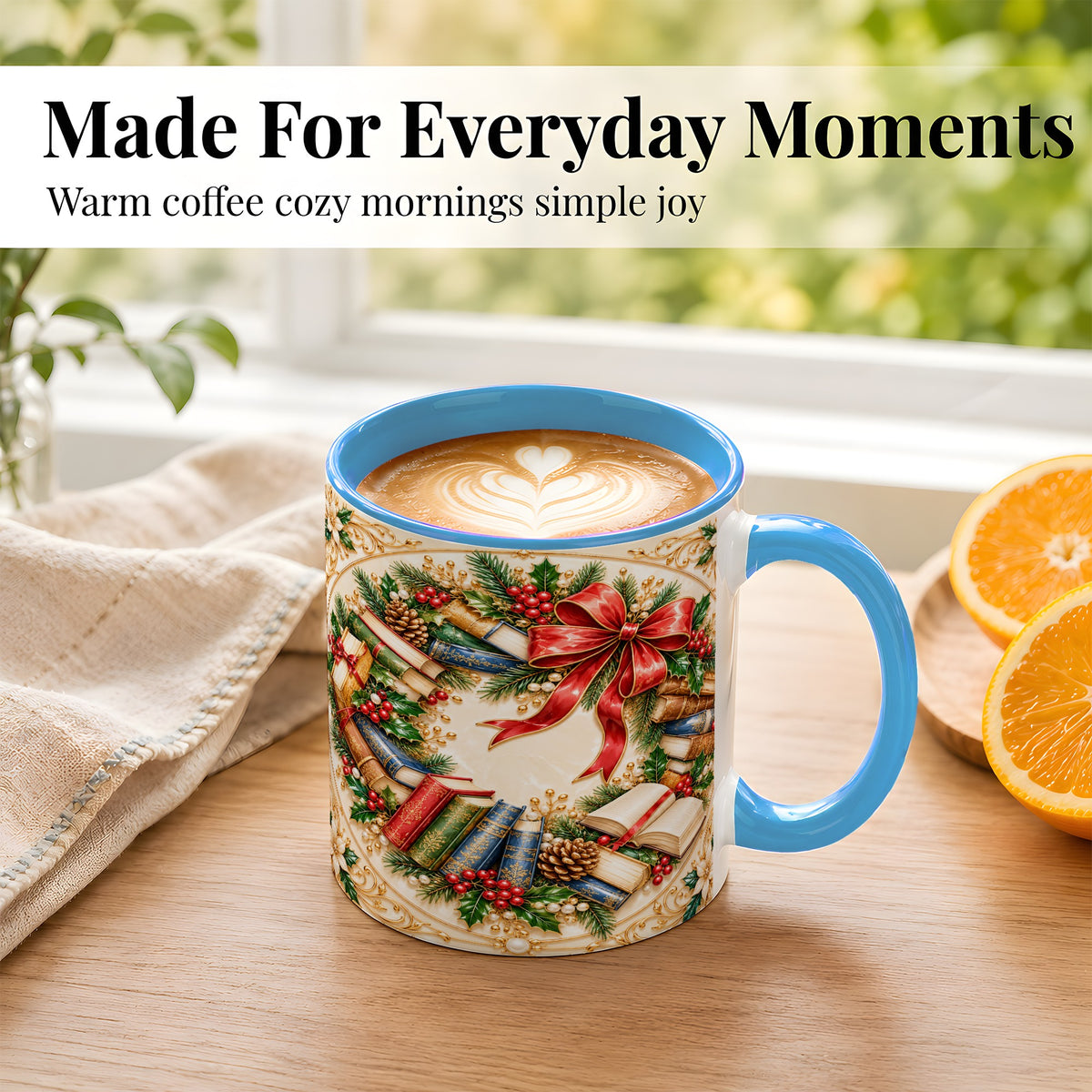 #pl[11oz|Blue] Festive Book Wreath Coffee Mug, Holiday Reading Mug, Ceramic Cup